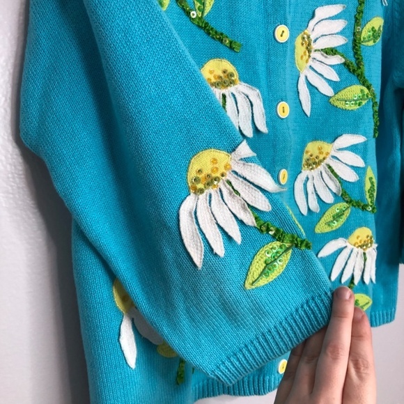 Vintage Design Options Philip and Jane Gordon Blue Daisy Cardigan Medium - Picture 9 of 15